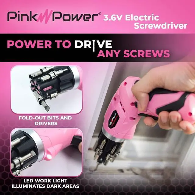 Alt view image 2 of 4 - Pink Power Electric Screwdriver Cordless Mini Drill Set - 4V Rechargeable Pink Cordless Screwdriver Set for Women w Bubble Level LED Light - Small Screw driver with Pivotal Handle and Fold-Out Bits