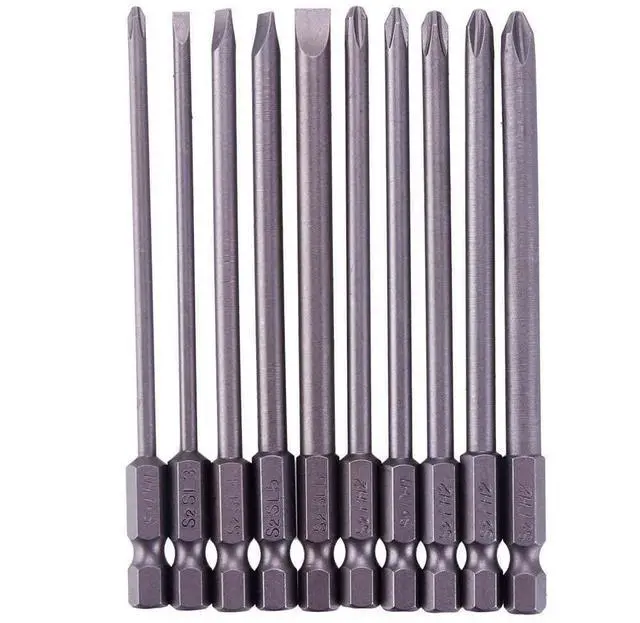 Main image of 10pcs 1/4 Inch Hex Shank Long Magnetic Screwdriver Bits Set 4 in Power Tools (Slotted+Cross Head)