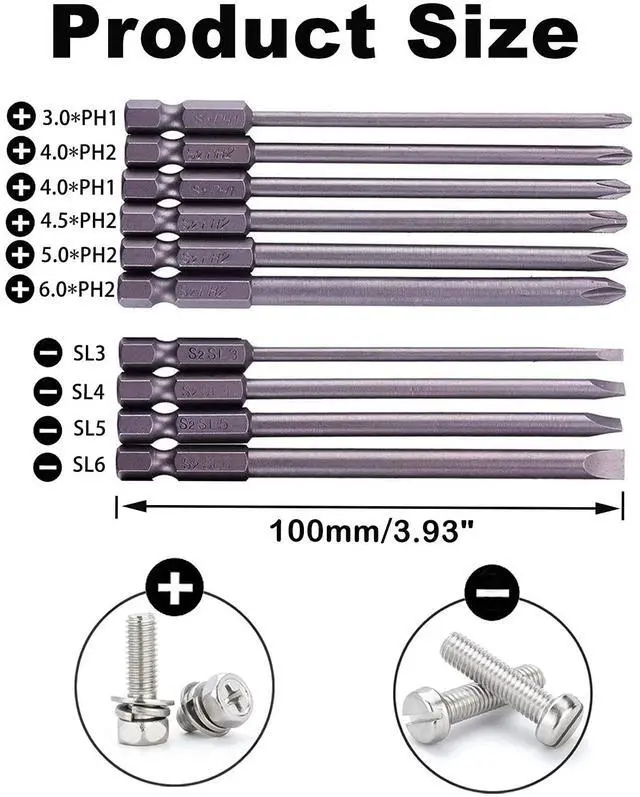 Alt view image 2 of 7 - 10pcs 1/4 Inch Hex Shank Long Magnetic Screwdriver Bits Set 4 in Power Tools (Slotted+Cross Head)