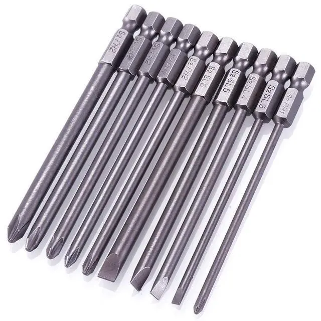 Alt view image 7 of 7 - 10pcs 1/4 Inch Hex Shank Long Magnetic Screwdriver Bits Set 4 in Power Tools (Slotted+Cross Head)