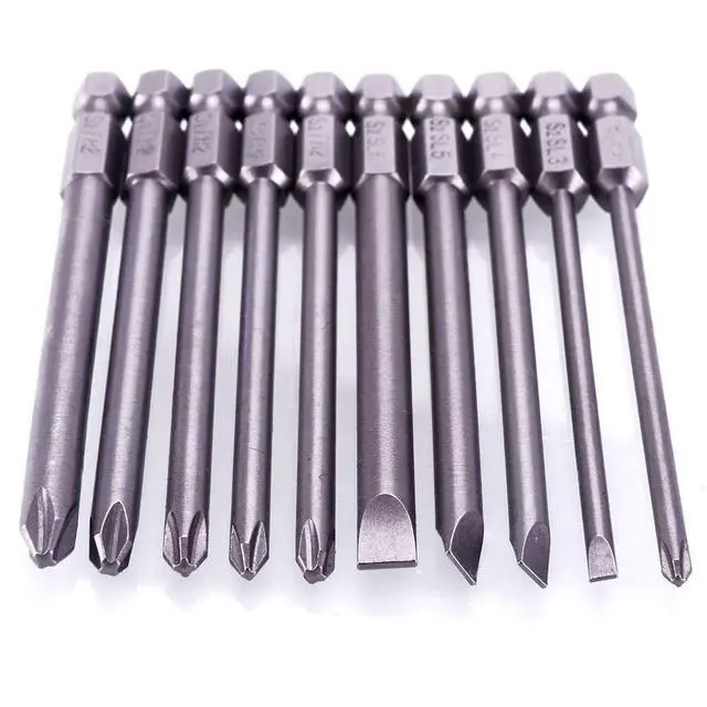 Alt view image 6 of 7 - 10pcs 1/4 Inch Hex Shank Long Magnetic Screwdriver Bits Set 4 in Power Tools (Slotted+Cross Head)