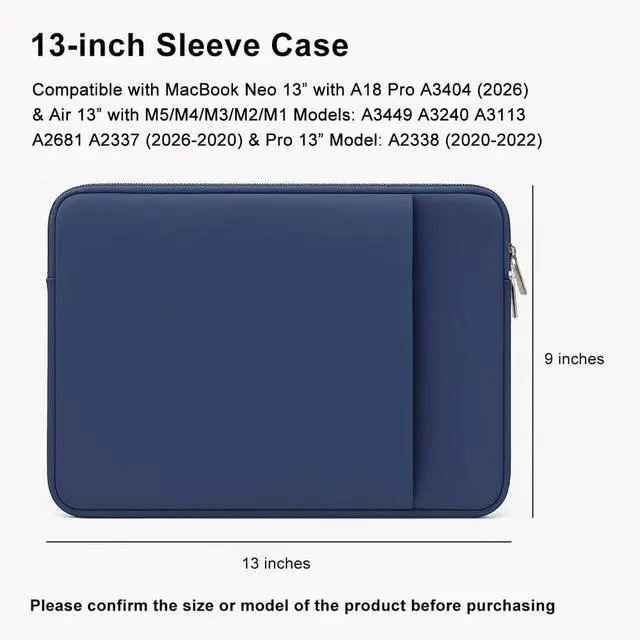 Alt view image 2 of 7 - Laptop Sleeve for MacBook Neo/Air/Pro 13 inches A18/M5/M4/M3/M2/M1 Chip 2026-2020 A3404 A3449 A3240 A3113 with 2 Pockets Tablet Bag Case Accessories (Indigo)