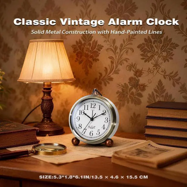 Alt view image 6 of 7 - 5.3" Vintage Analog Alarm Clock, Battery Operated Metal Desk Clock, Retro Table Clock with Light for Living Rooms, Bedrooms, Shelf, Home Decor (Gold)