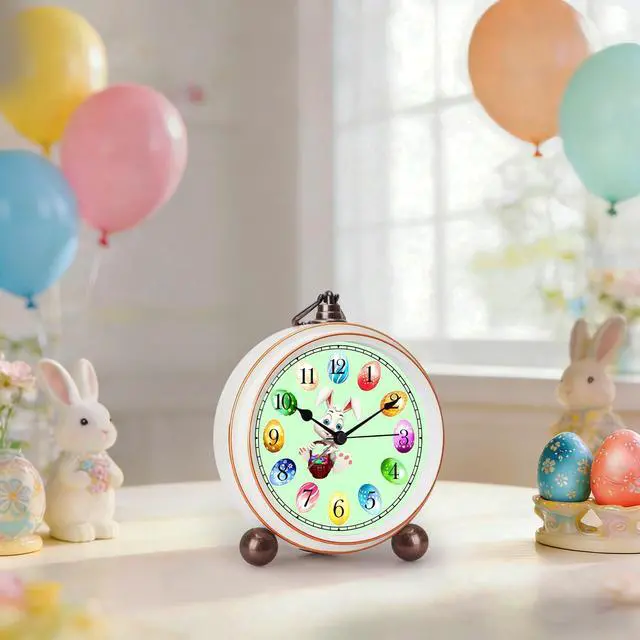 Alt view image 2 of 7 - 5.2in Cute Easter Egg Metal Table Clock, Quartz Movement Non-Ticking Small Alarm Clock with Battery Operated, HD Glass Bunny Desk Clock for Bedroom Living Room (Easter)