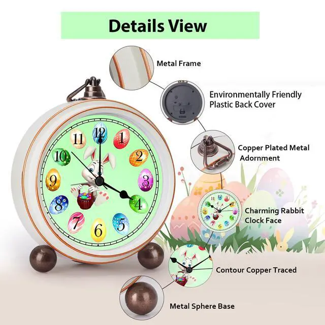 Alt view image 3 of 7 - 5.2in Cute Easter Egg Metal Table Clock, Quartz Movement Non-Ticking Small Alarm Clock with Battery Operated, HD Glass Bunny Desk Clock for Bedroom Living Room (Easter)