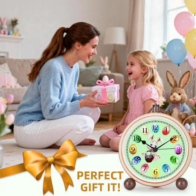 Alt view image 7 of 7 - 5.2in Cute Easter Egg Metal Table Clock, Quartz Movement Non-Ticking Small Alarm Clock with Battery Operated, HD Glass Bunny Desk Clock for Bedroom Living Room (Easter)