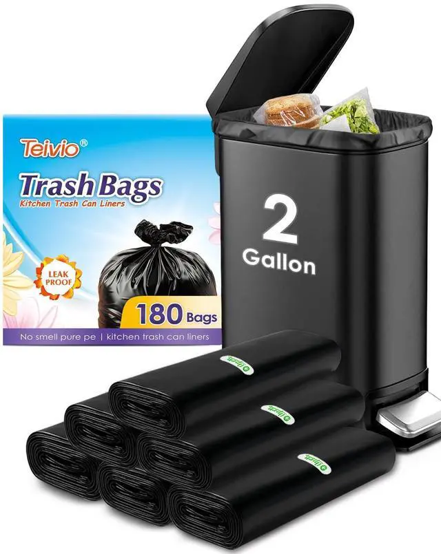 Main image of 2 Gallon 180 Counts Small Strong Black Trash Bags Garbage Bags by ,Small Waste Basket Liner, Bathroom Trash Can Bin Liners, Plastic Bags for home office kitchen,Black