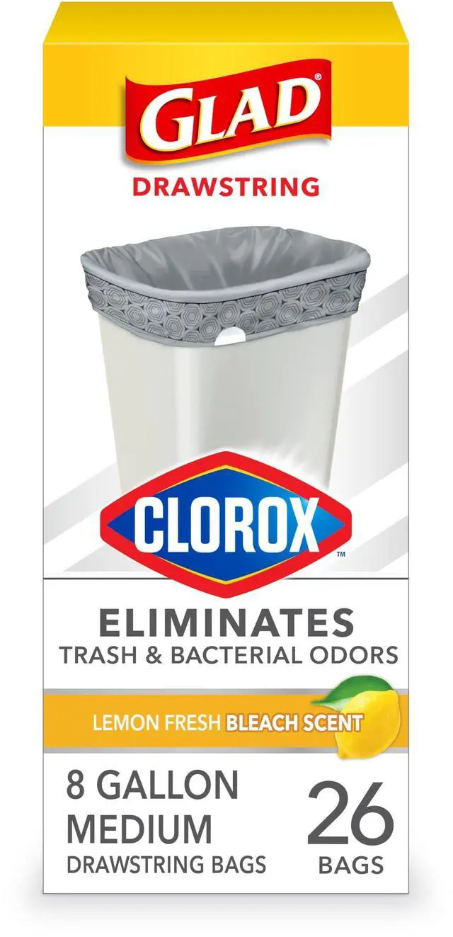 Main image of Medium Trash Bags, 8 Gallon, Lemon Fresh Bleach Garbage Bags, Resists Bacterial Odors with Drawstring, 26 Count