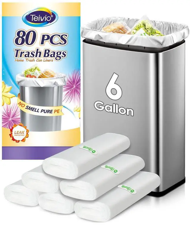Main image of 6 Gallon 80 Counts Medium Garbage Bags Trash Bags, Bathroom Trash Can Bin Liners, Plastic Bags for home office kitchen,Garden Outdoors waste,Clear