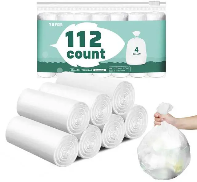 Main image of 112 Count-4 Gallon Trash Bag, White Trash Bags, Bathroom Trash Bags Small Garbage Bags for Bathroom Can,White 4 Gal Small Trash Can Liners(7 Rolls,