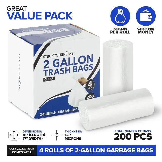 Alt view image 2 of 7 - Stock Your Home Clear 2 Gallon Trash Bag (200 Pack) Un-Scented Small Garbage Bags for Bathroom Can, Mini Waste Basket Liner, Plastic Liners for Office Trashcan and Dog Poop, Bulk Household Supplies
