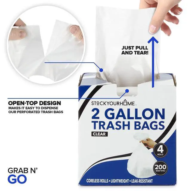 Alt view image 5 of 7 - Stock Your Home Clear 2 Gallon Trash Bag (200 Pack) Un-Scented Small Garbage Bags for Bathroom Can, Mini Waste Basket Liner, Plastic Liners for Office Trashcan and Dog Poop, Bulk Household Supplies