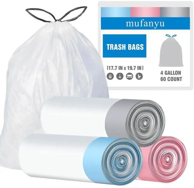 Main image of 4 Gallon 60 Counts Drawstring Trash Bags, 4 Gal Unscented White Small Garbage Bags, Small Trash Can Bin Liners for Home Office Kitchen Bedroom Car, Fit 12-15 Liter