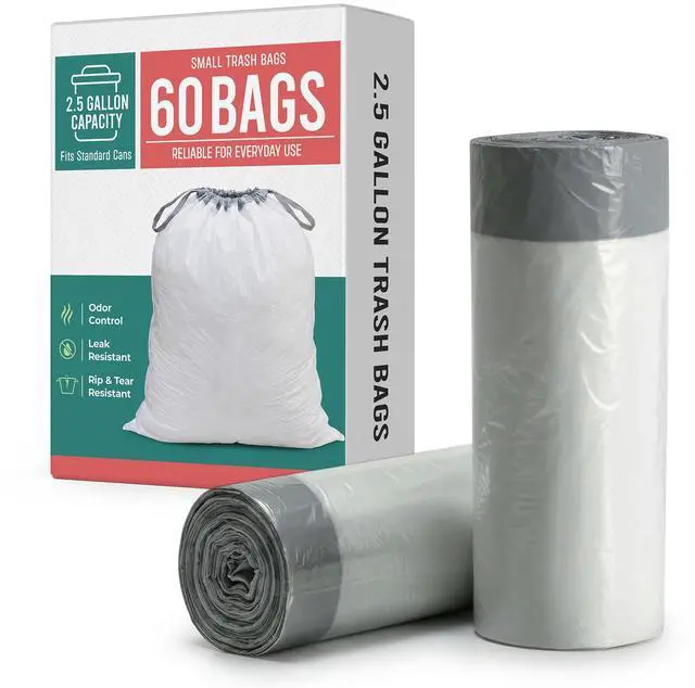 Main image of Small Trash Bags 2.5 Gallon (6L) 60 Count Premium Heavy Duty Garbage Bags, Strong Tear-Resistant, Leak-Proof, Perfect for Bathroom, Office & Bedroom