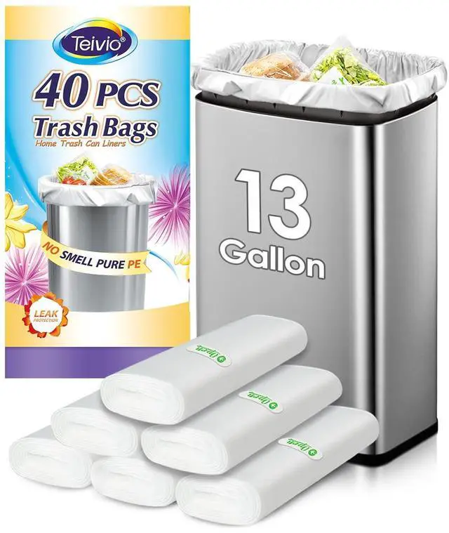 Main image of 13 Gallon 40 Count Tall Kitchen Trash Bags 10 Gal 12 Gal 13 Gal fit 50 Liters Garbage Bags by , Waste Basket Bags,Bathroom Trash Can Bin Liners, Plastic Bags for home office kitchen, Clear