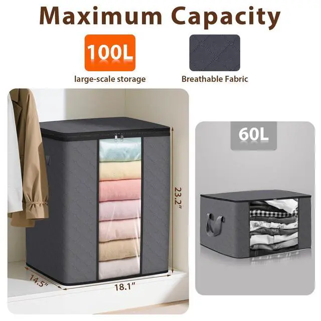 Alt view image 2 of 7 - 3 Pack 100L Clothes Storage, Foldable Thick Fabric Blanket Storage Bags, Containers for Organizing Bedroom, Closet, Clothing, Comforter,Closet Organization with Handle,Grey
