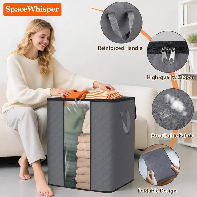 Alt view image 3 of 7 - 3 Pack 100L Clothes Storage, Foldable Thick Fabric Blanket Storage Bags, Containers for Organizing Bedroom, Closet, Clothing, Comforter,Closet Organization with Handle,Grey