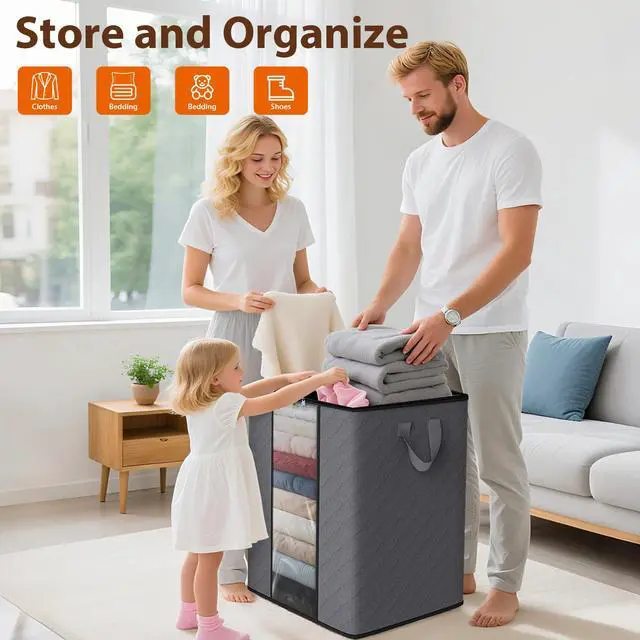 Alt view image 4 of 7 - 3 Pack 100L Clothes Storage, Foldable Thick Fabric Blanket Storage Bags, Containers for Organizing Bedroom, Closet, Clothing, Comforter,Closet Organization with Handle,Grey