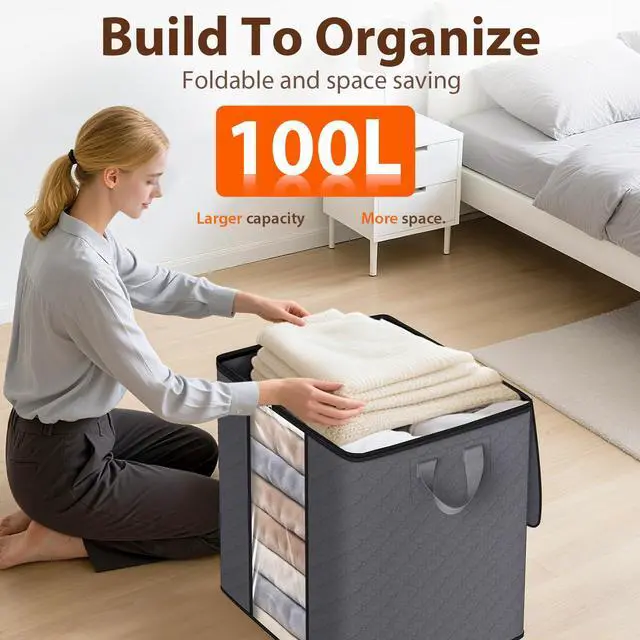 Alt view image 5 of 7 - 3 Pack 100L Clothes Storage, Foldable Thick Fabric Blanket Storage Bags, Containers for Organizing Bedroom, Closet, Clothing, Comforter,Closet Organization with Handle,Grey