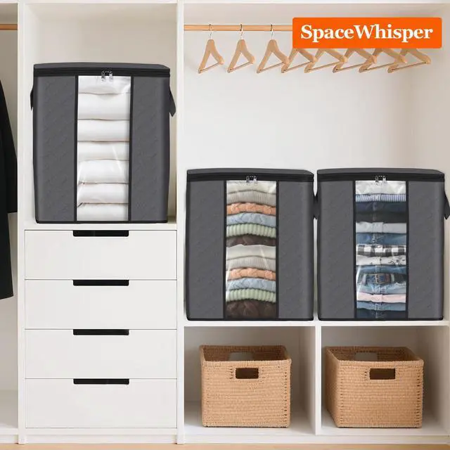 Alt view image 7 of 7 - 3 Pack 100L Clothes Storage, Foldable Thick Fabric Blanket Storage Bags, Containers for Organizing Bedroom, Closet, Clothing, Comforter,Closet Organization with Handle,Grey