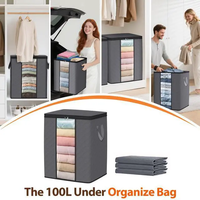 Alt view image 6 of 7 - 3 Pack 100L Clothes Storage, Foldable Thick Fabric Blanket Storage Bags, Containers for Organizing Bedroom, Closet, Clothing, Comforter,Closet Organization with Handle,Grey