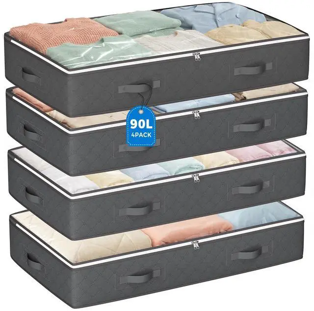 Main image of 90L Under Bed Storage Containers, 4 Pack Closet Organizers Grey