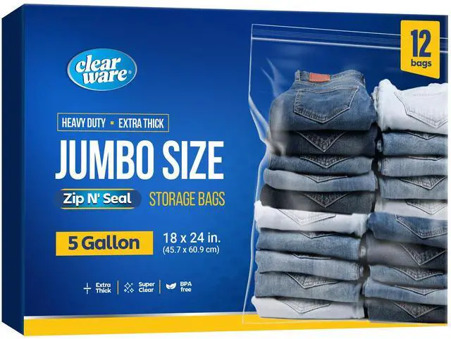 Main image of 12 Large Storage Bags With Zipper Top - 5 Gallon Bags 18" x 24", Extra Large Plastic for Clothes, Travel, Moving, Large Reusable freezer bags, BPA-Free, 2-mil Thick