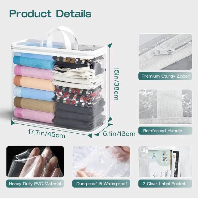 Alt view image 2 of 7 - 5PACK Clear Zippered Storage Bag for Clothes, 22L Clear Storage Bags, and Blanket Storage Bags for Bedding, Blankets, Comforters, Clothing, Books, DVD & CD (White)