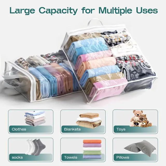 Alt view image 3 of 7 - 5PACK Clear Zippered Storage Bag for Clothes, 22L Clear Storage Bags, and Blanket Storage Bags for Bedding, Blankets, Comforters, Clothing, Books, DVD & CD (White)