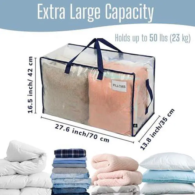 Alt view image 4 of 7 - 4 Pack Clear Extra Large Moving Bags & Storage Totes, Heavy Duty Organizer with Reinforced Handles & Strong Zippers for Clothes, College Dorm Essentials, Moving Supplies