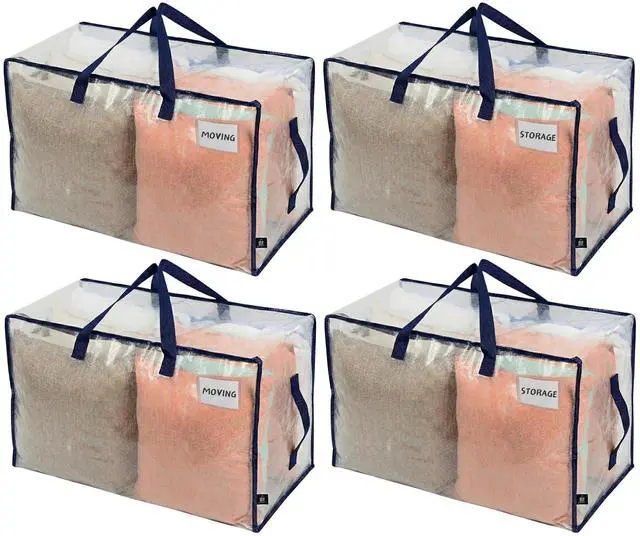 Main image of 4 Pack Clear Extra Large Moving Bags & Storage Totes, Heavy Duty Organizer with Reinforced Handles & Strong Zippers for Clothes, College Dorm Essentials, Moving Supplies