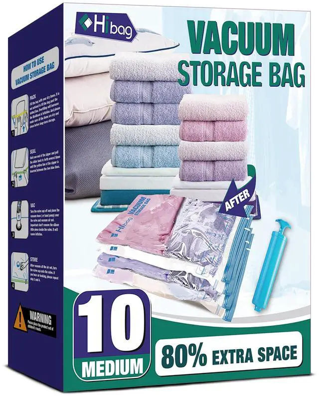 Main image of Vacuum Storage Bags, 10 Medium Space Saver Vacuum Seal Bags, Space Bags, Vacuum Sealer Bags for Clothes with Travel Hand Pump (10M)
