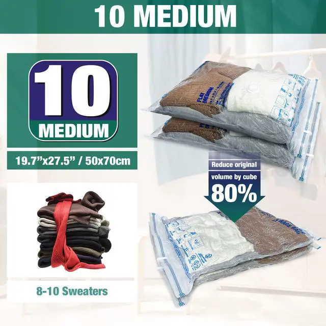 Alt view image 2 of 6 - Vacuum Storage Bags, 10 Medium Space Saver Vacuum Seal Bags, Space Bags, Vacuum Sealer Bags for Clothes with Travel Hand Pump (10M)