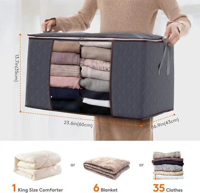 Alt view image 2 of 7 - 3 Pack 90L Clothes Storage Bins with Lids, Foldable Blanket Storage Bags with Zippers, Clear Window and Reinforced Handles, Closet and Organization for Clothing, Sweater, Comforter, Bedding