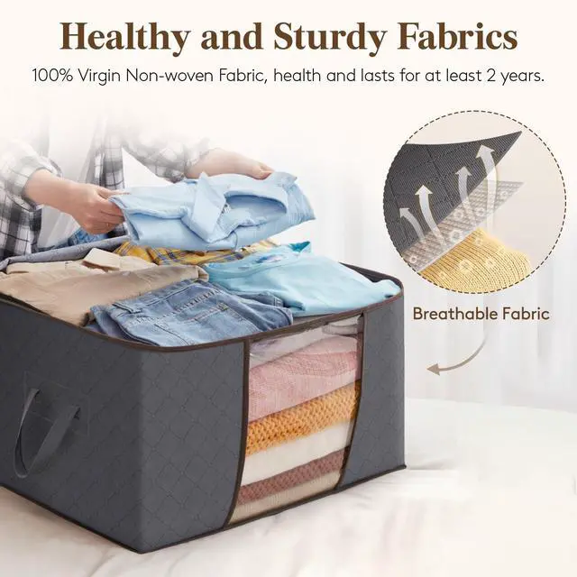 Alt view image 4 of 7 - 3 Pack 90L Clothes Storage Bins with Lids, Foldable Blanket Storage Bags with Zippers, Clear Window and Reinforced Handles, Closet and Organization for Clothing, Sweater, Comforter, Bedding