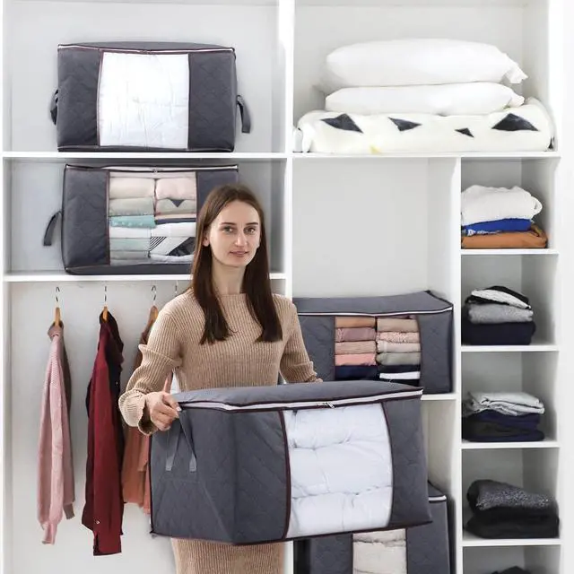 Alt view image 5 of 7 - 3 Pack 90L Clothes Storage Bins with Lids, Foldable Blanket Storage Bags with Zippers, Clear Window and Reinforced Handles, Closet and Organization for Clothing, Sweater, Comforter, Bedding