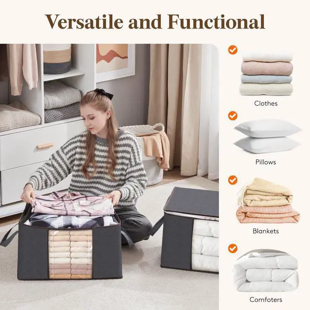Alt view image 7 of 7 - 3 Pack 90L Clothes Storage Bins with Lids, Foldable Blanket Storage Bags with Zippers, Clear Window and Reinforced Handles, Closet and Organization for Clothing, Sweater, Comforter, Bedding