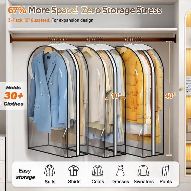 Alt view image 2 of 7 - 10" Gusseted All Clear Garment Bags for Hanging Clothes 3 Packs 40" Suit Bags for Closet Storage Hanging Clothes Storage Suit Cover for Shirts, Coats, Dresses