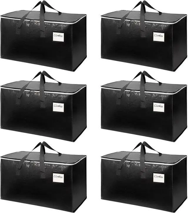 Main image of 6-Pack Extra-Large Heavy-Duty Moving Bags with Reinforced Handles, Durable Zippers & Waterproof Material Perfect for Space-Saving, Storage, Shipping and Travel (Black)