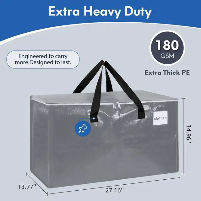 Alt view image 2 of 6 - 6-Pack Extra-Large Heavy-Duty Moving Bags with Reinforced Handles, Durable Zippers & Waterproof Material Perfect for Space-Saving, Storage, Shipping and Travel (Black)
