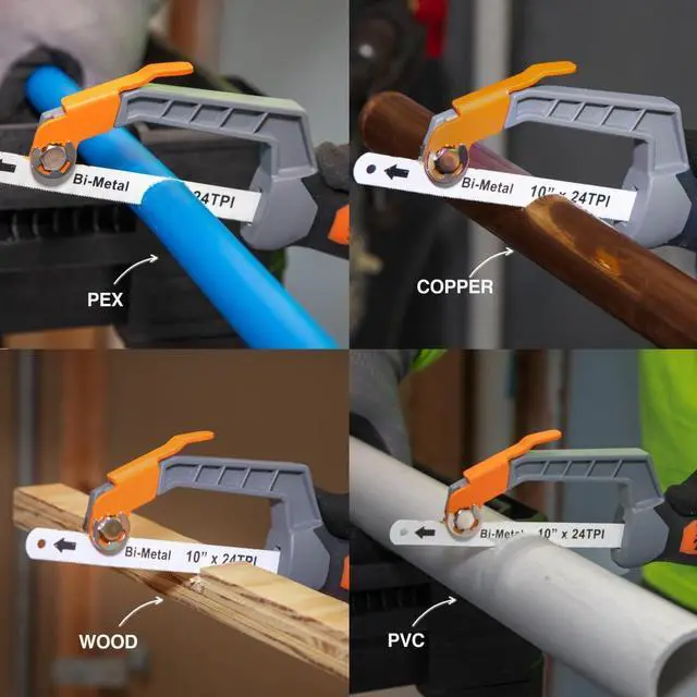 Alt view image 6 of 7 - 31432 Compact Medium-Cut Hacksaw, 10-Inch 24 TPI Bi-Metal Blade Hand Saw, Cuts Thin Wall Copper and Aluminum, PVC, PEX, ABS Pipes, and Wood in Tight Spaces