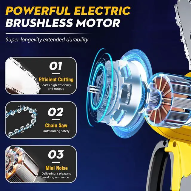Alt view image 2 of 6 - Mini Chainsaw 6 Inch Cordless, Brushless Electric Chainsaw with 2 Batteries & 2 Chains, Lightweight Security Lock Handheld Saw for Tree Trimming & Wood Cutting