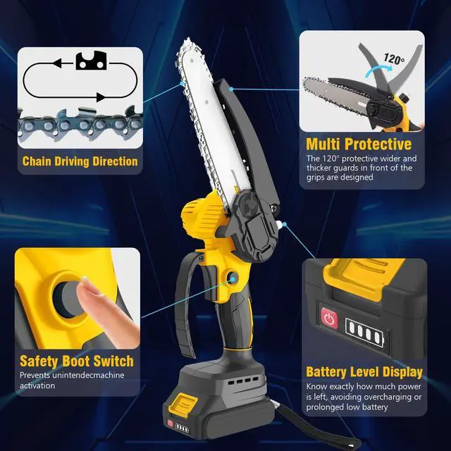 Alt view image 5 of 6 - Mini Chainsaw 6 Inch Cordless, Brushless Electric Chainsaw with 2 Batteries & 2 Chains, Lightweight Security Lock Handheld Saw for Tree Trimming & Wood Cutting