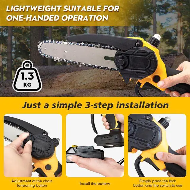 Alt view image 6 of 6 - Mini Chainsaw 6 Inch Cordless, Brushless Electric Chainsaw with 2 Batteries & 2 Chains, Lightweight Security Lock Handheld Saw for Tree Trimming & Wood Cutting