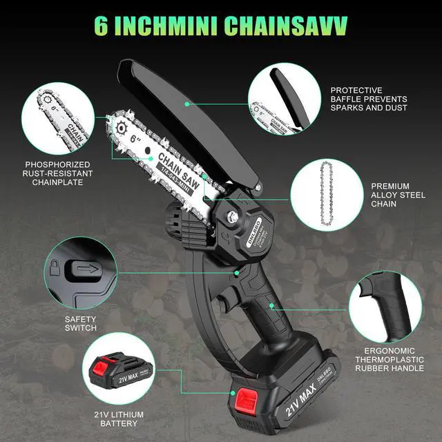 Alt view image 3 of 7 - Mini Chainsaw - 6 Inch Battery Chainsaw with 2 Batteries, Garden Tools for Tree Branch Trimming, Wood Cutting, Holiday Gifts for Men, Fathers & Gardening Enthusiasts