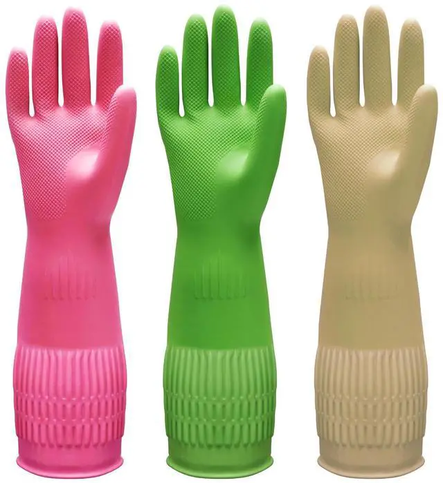 Main image of 3 Pairs of Rubber Dishwashing Gloves for Kitchen and Household Cleaning Long Cuff 15", Reusable, Flexible Long-lasting and Non-Slip (Red+Yellow+Green, Medium)