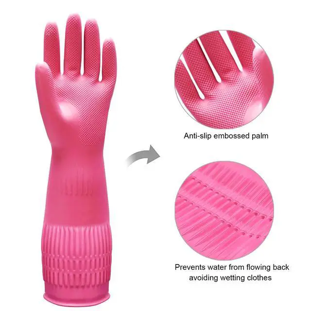 Alt view image 2 of 6 - 3 Pairs of Rubber Dishwashing Gloves for Kitchen and Household Cleaning Long Cuff 15", Reusable, Flexible Long-lasting and Non-Slip (Red+Yellow+Green, Medium)