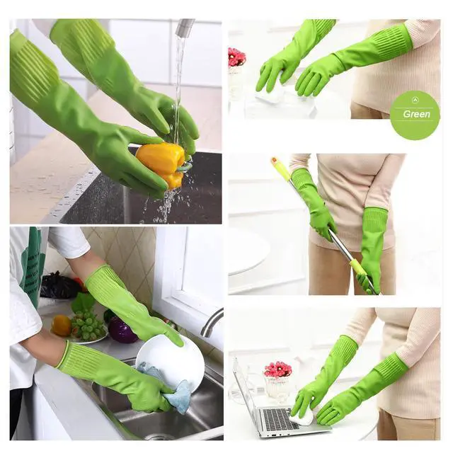 Alt view image 3 of 6 - 3 Pairs of Rubber Dishwashing Gloves for Kitchen and Household Cleaning Long Cuff 15", Reusable, Flexible Long-lasting and Non-Slip (Red+Yellow+Green, Medium)