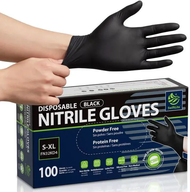 Main image of Disposable Nitrile Gloves Black, Food Safe Rubber Gloves Latex-Free Powder-Free for Cooking Food Prep Kitchen Clean (Large, 100)