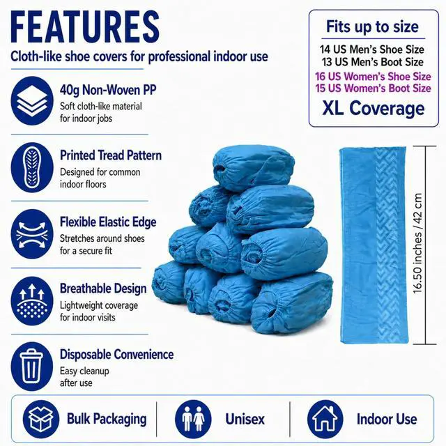Alt view image 3 of 6 - Blue Indoor Disposable Shoe Covers - Disposable Non Slip Boot Covers - Indoor Reusable Booties - Treads - Water Resistant - 50 Pack, Extra Large